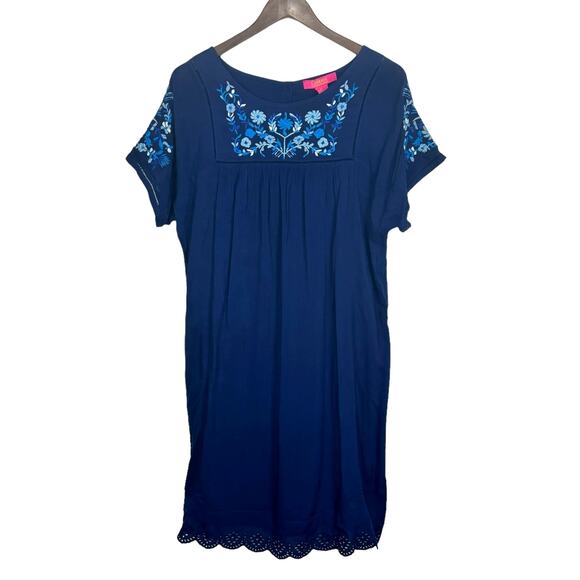 Catherine Malandrino Navy Blue Floral Embroidered Eyelet Scalloped Shift Dress - Picture 2 of 9